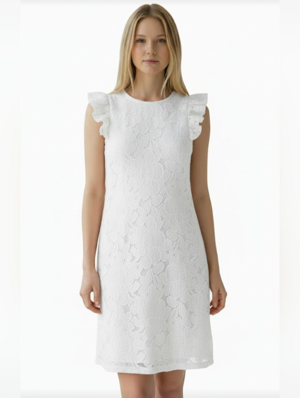 MONTEAU LOS ANGELES! WHITE COTTON APPLIQUE W/NET FLORAL DRESS! SZ M